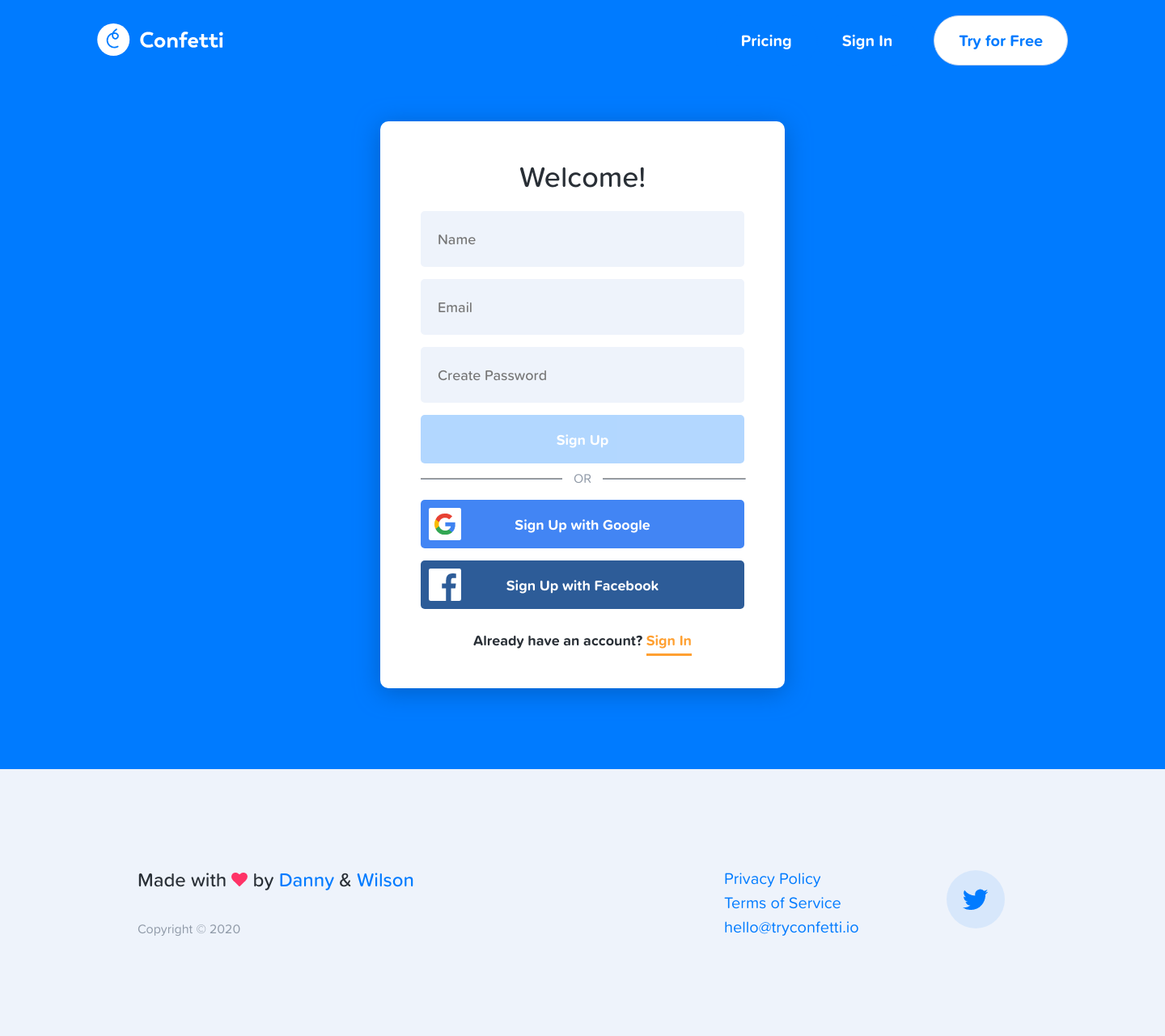 Confetti Signup screenshot