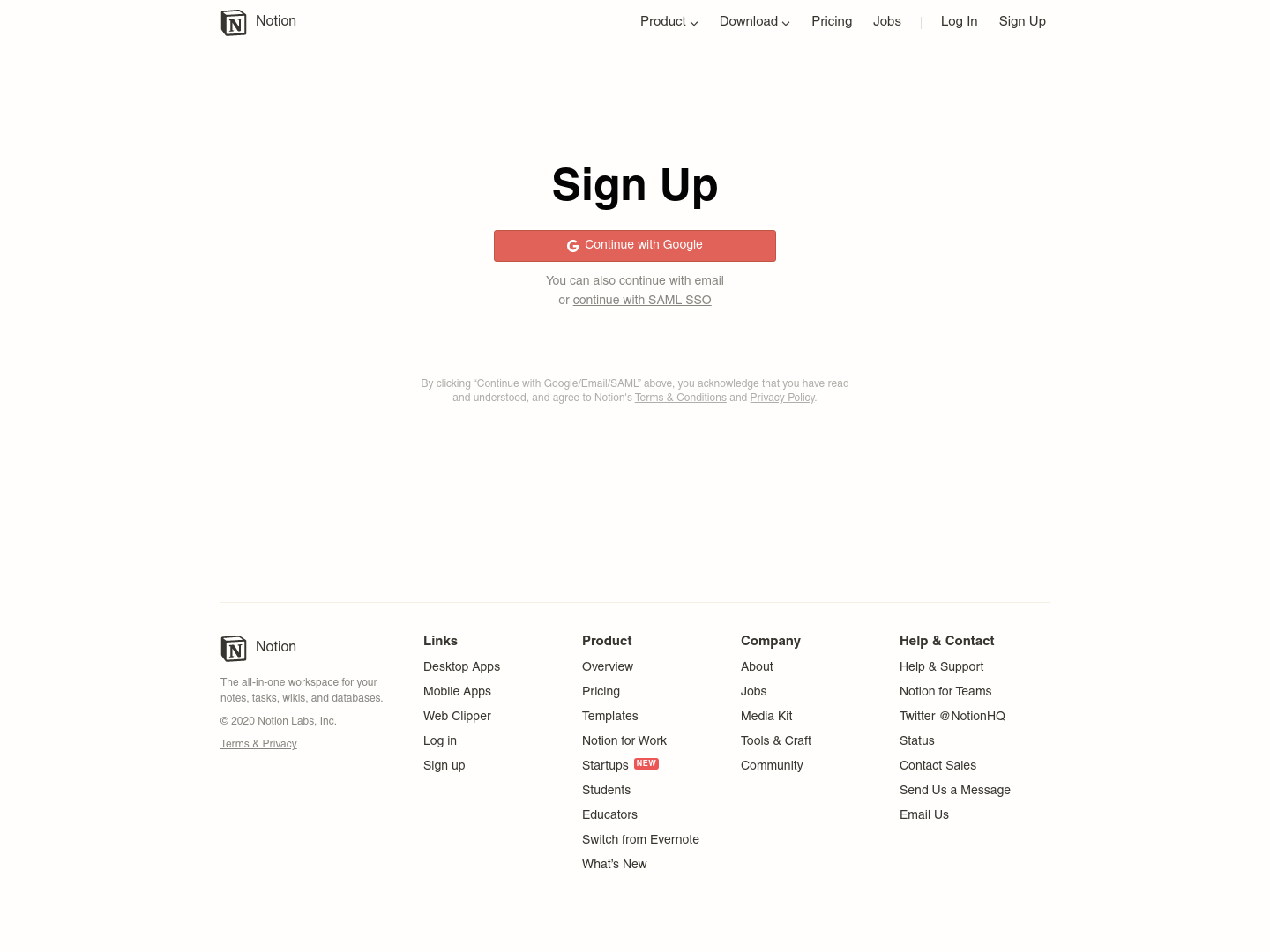 Notion Signup screenshot