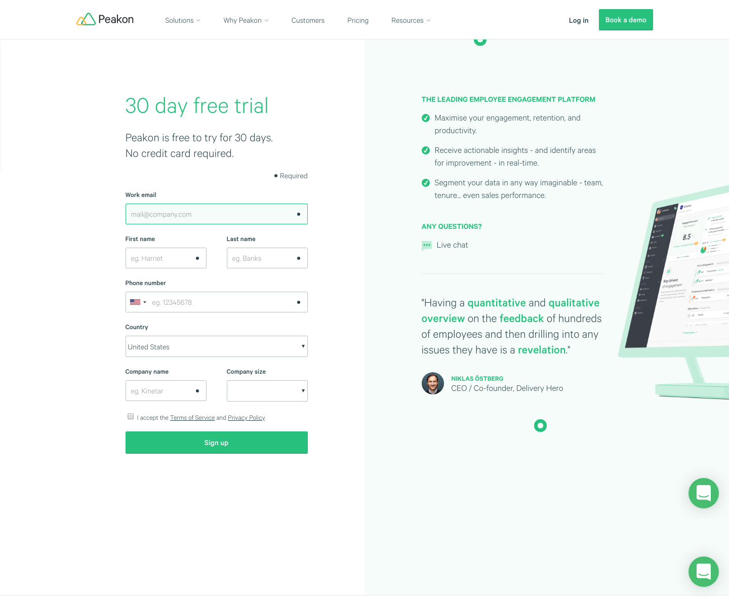 Peakon Signup screenshot