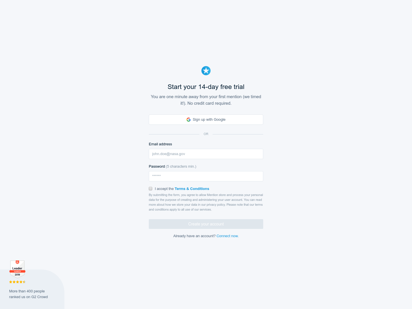Mention Signup screenshot