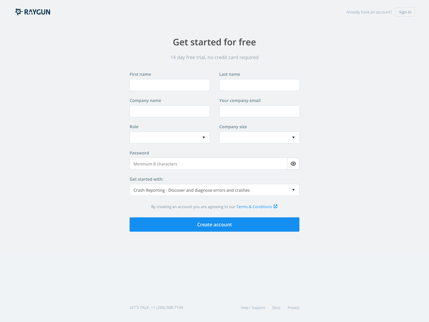 Raygun Signup screenshot
