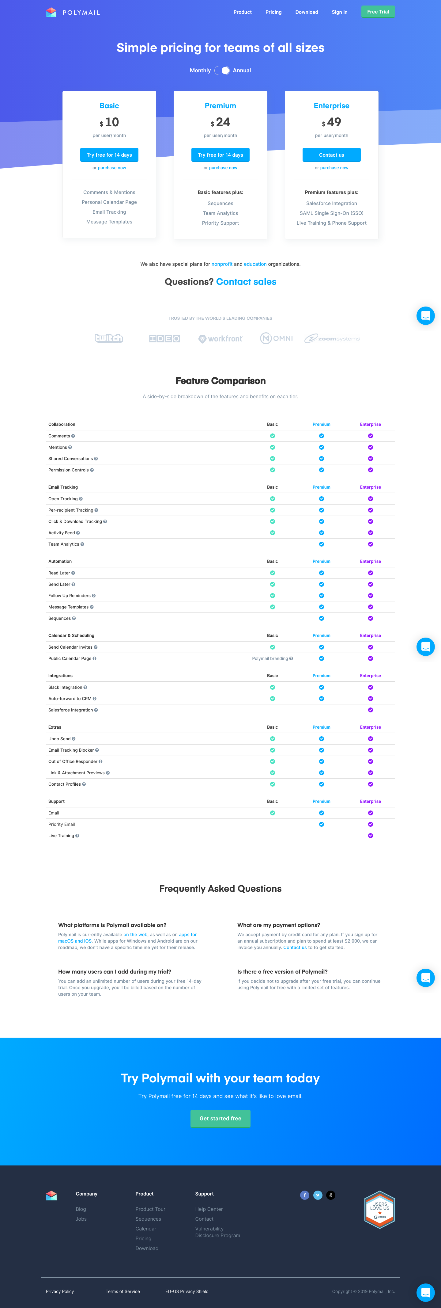 Polymail Pricing screenshot