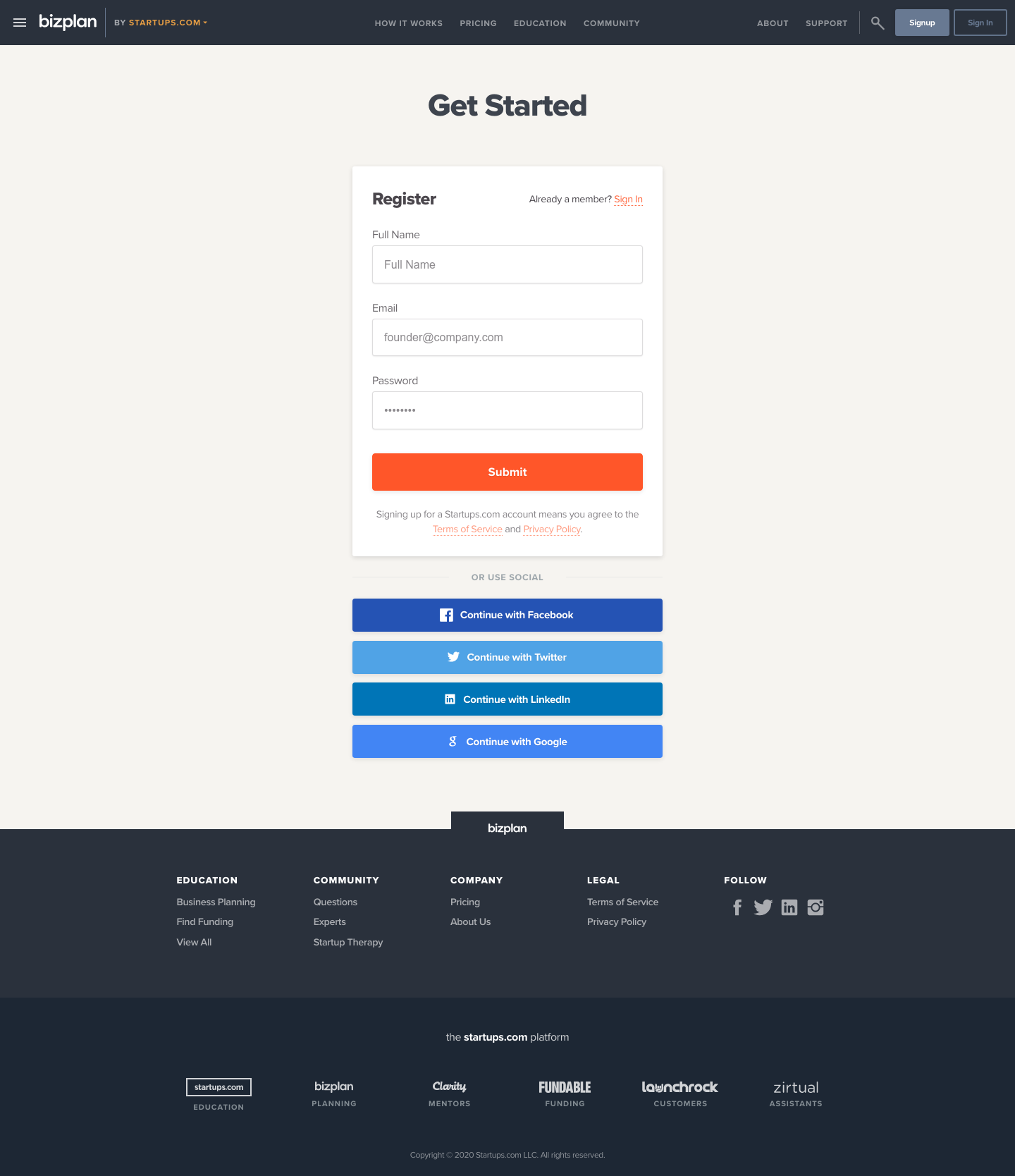 Bizplan Signup screenshot