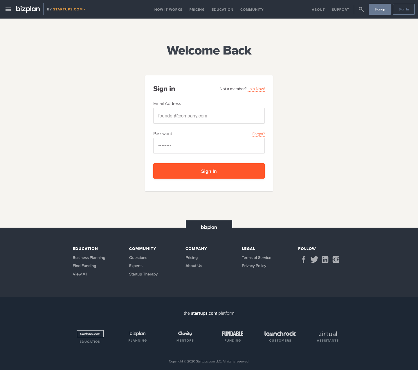 Bizplan Login screenshot
