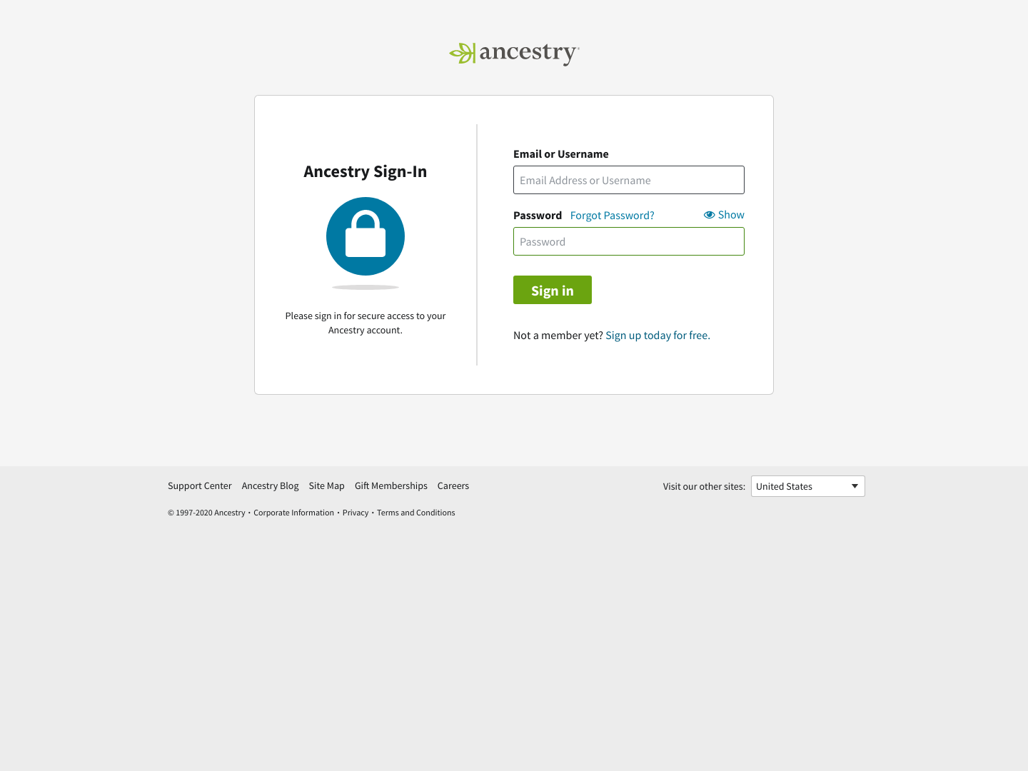 Ancestry Login screenshot
