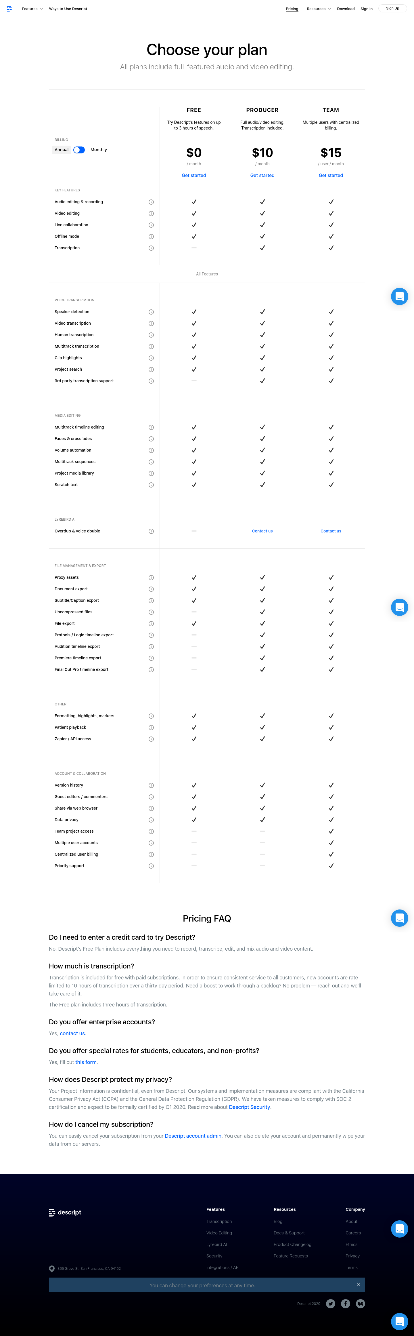 Descript Pricing screenshot