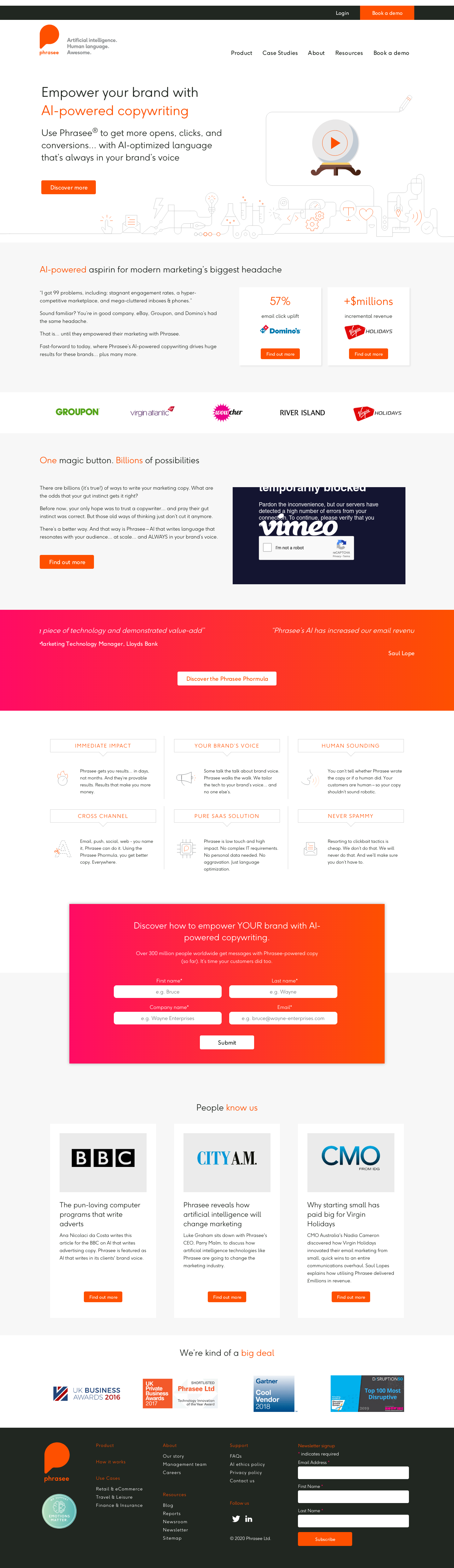 Phrasee Landing Page screenshot