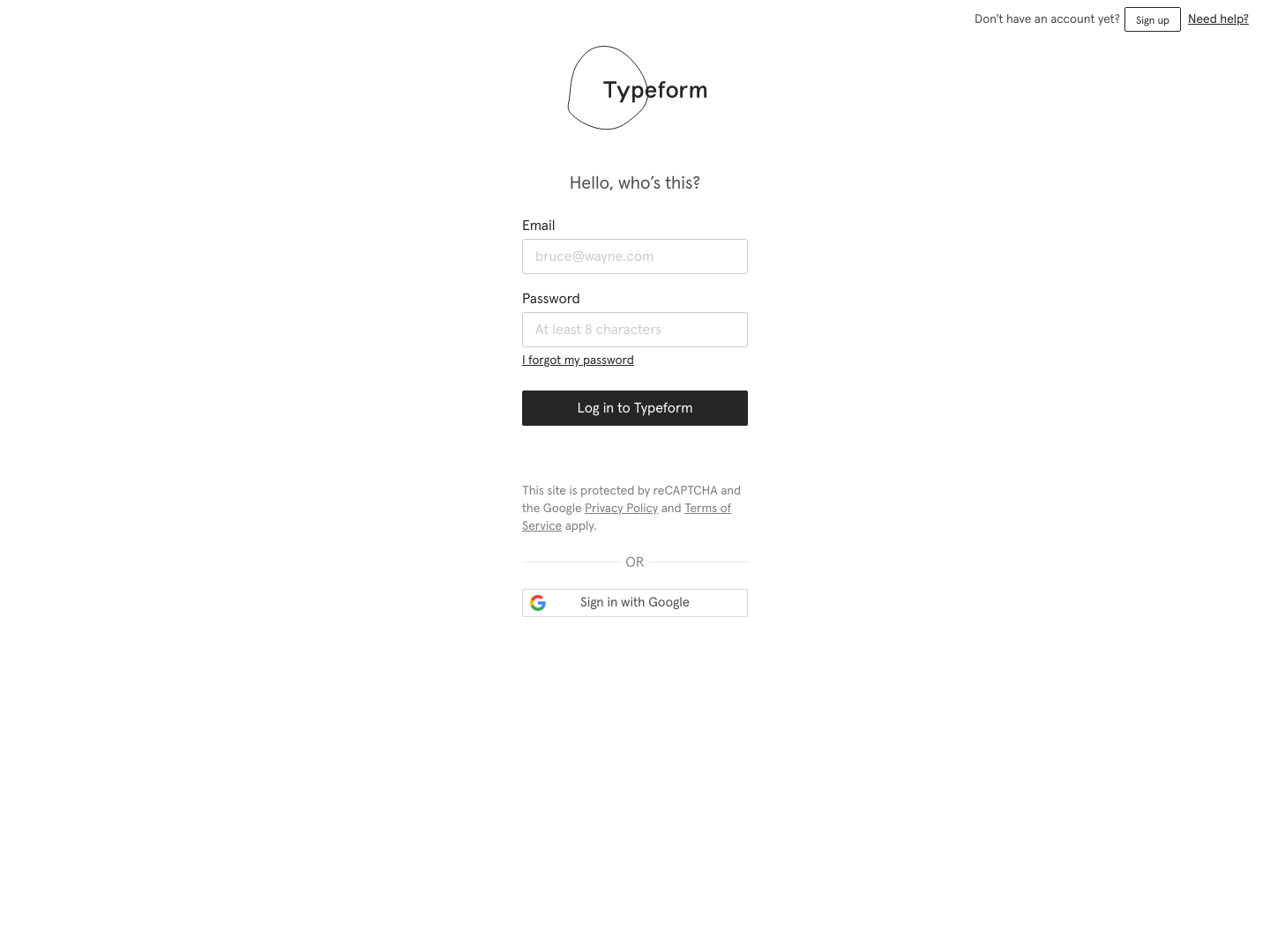 Typeform Login screenshot