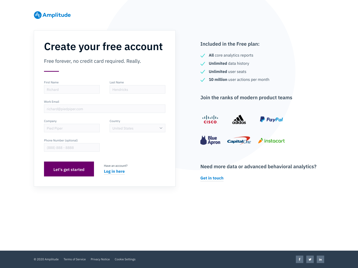 Amplitude Signup screenshot