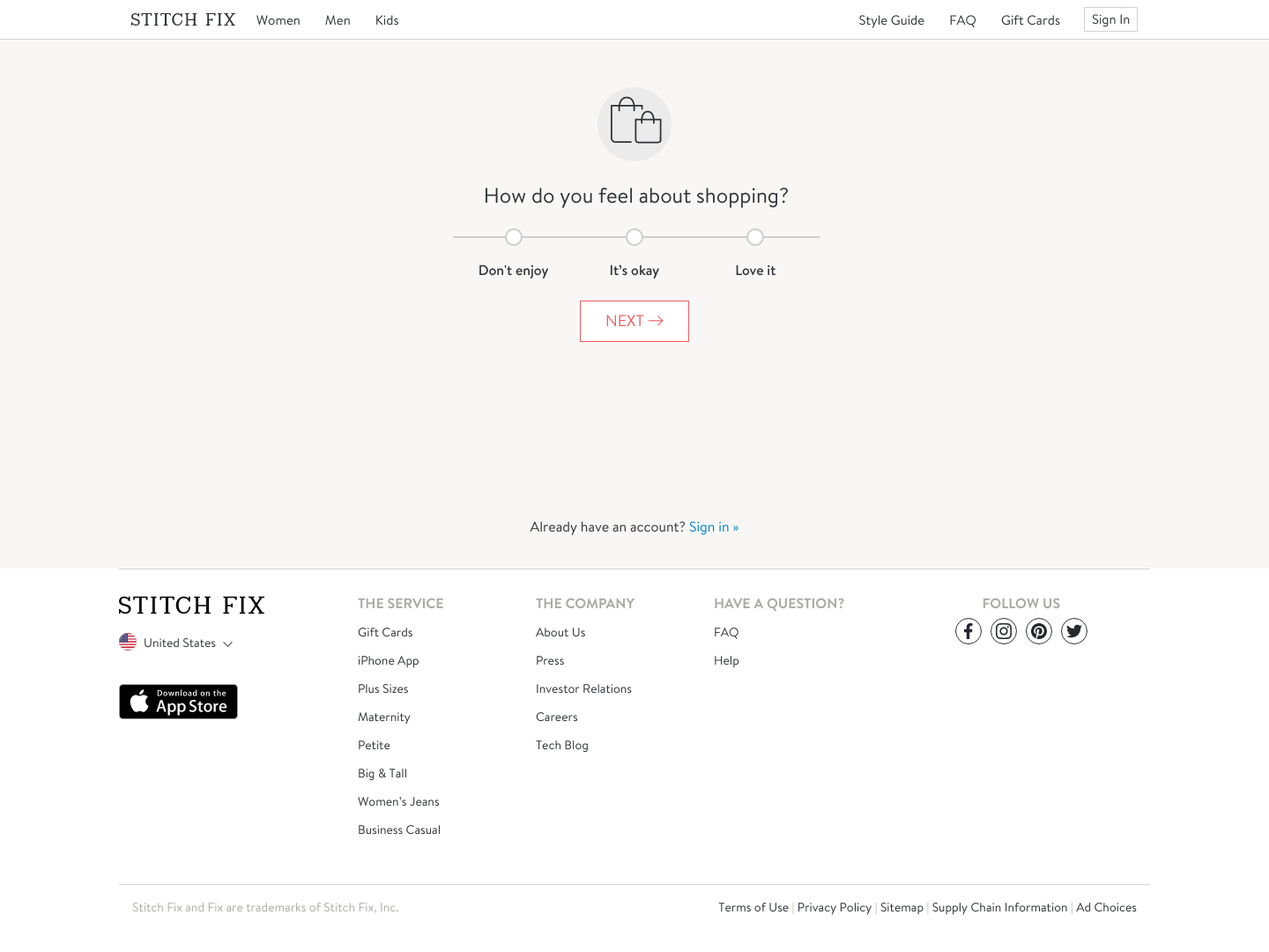 Stitchfix Signup screenshot