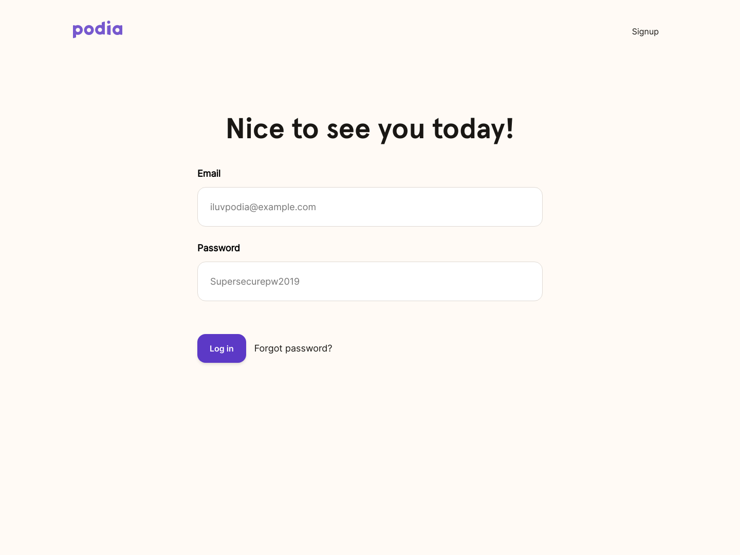 Podia Login screenshot