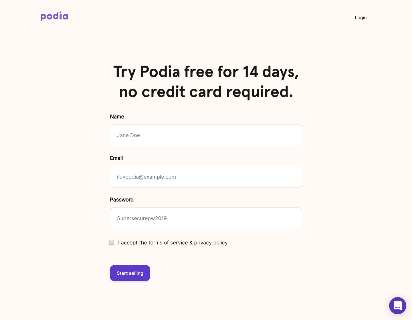 Podia Signup screenshot