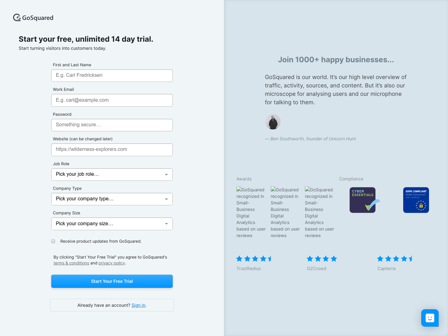 Gosquared Signup screenshot