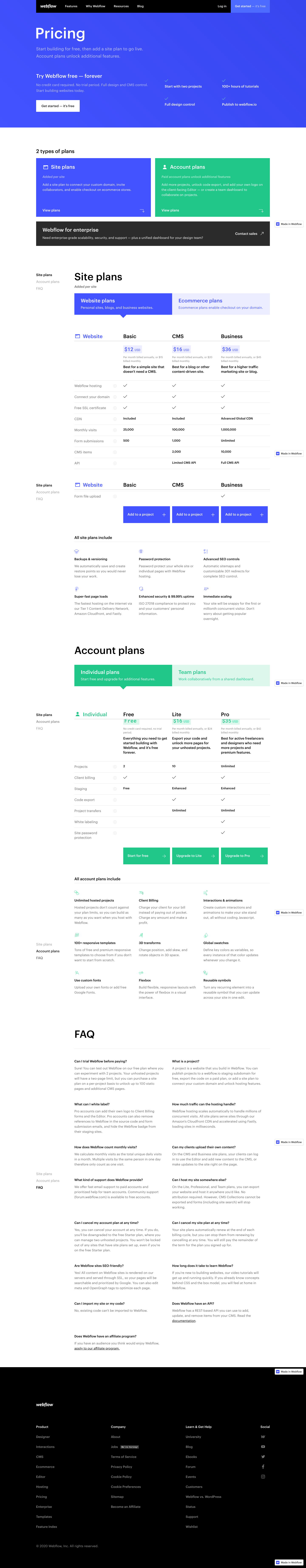 Webflow Pricing screenshot