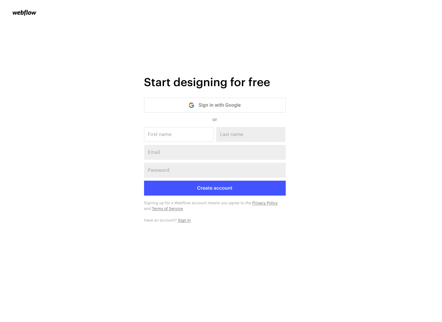 Webflow Signup screenshot
