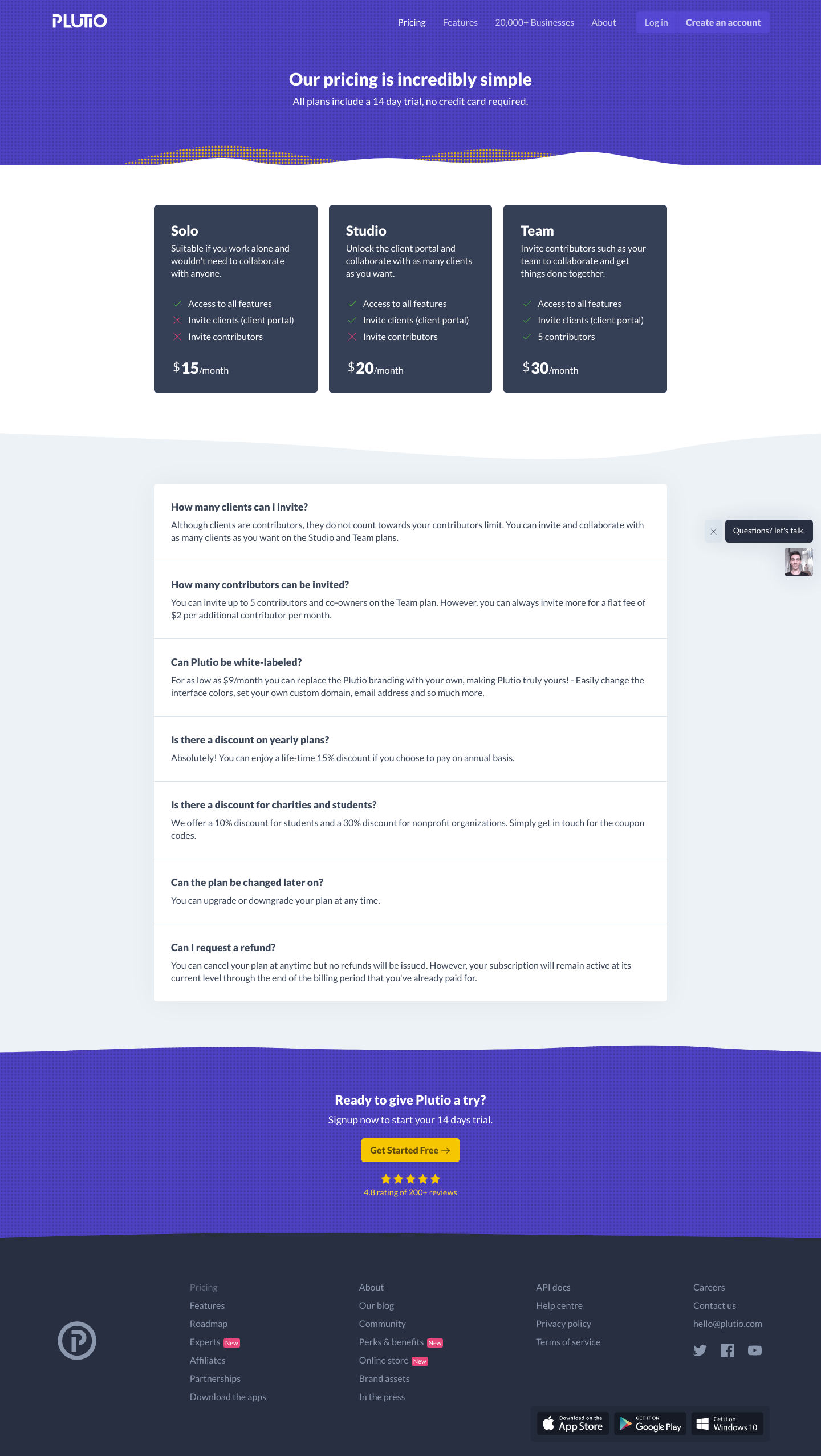 Plutio Pricing screenshot