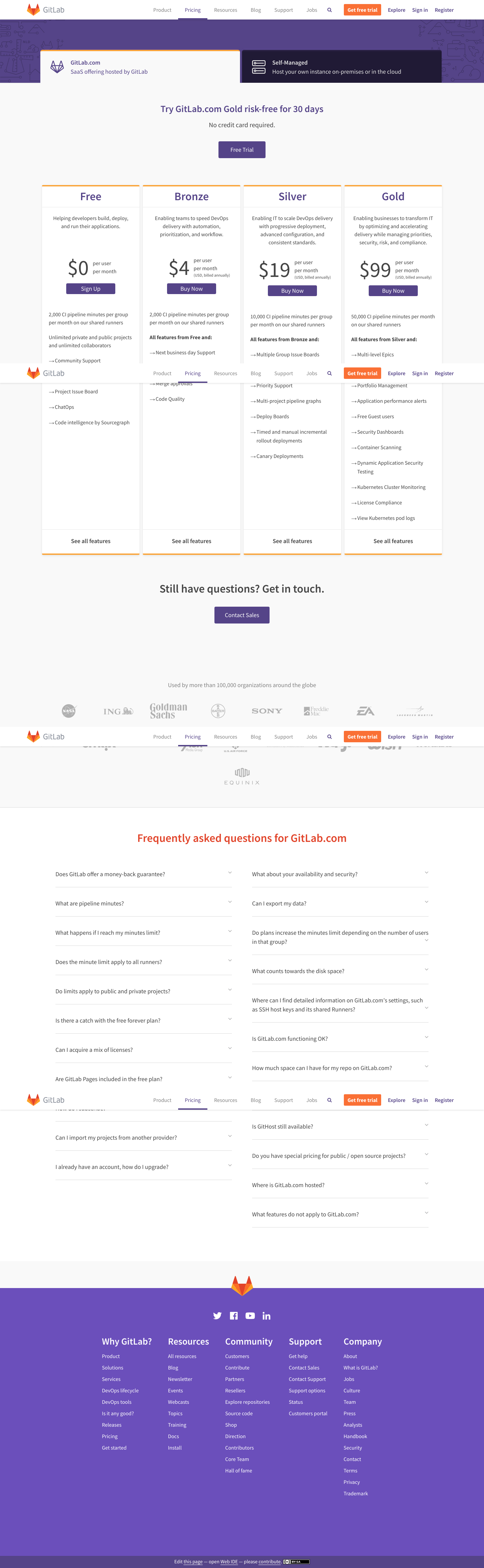 Gitlab Pricing screenshot