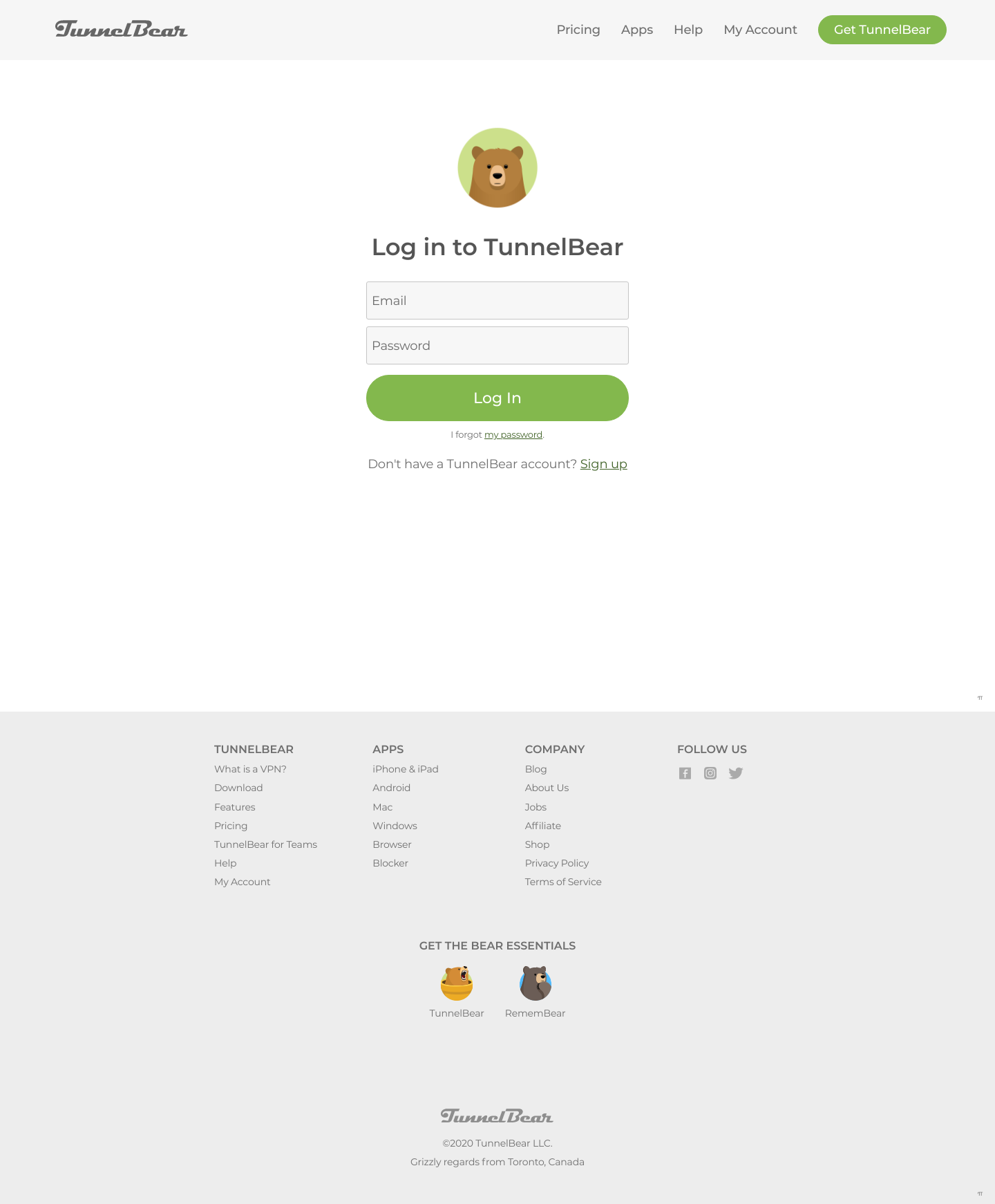 Tunnelbear Login screenshot