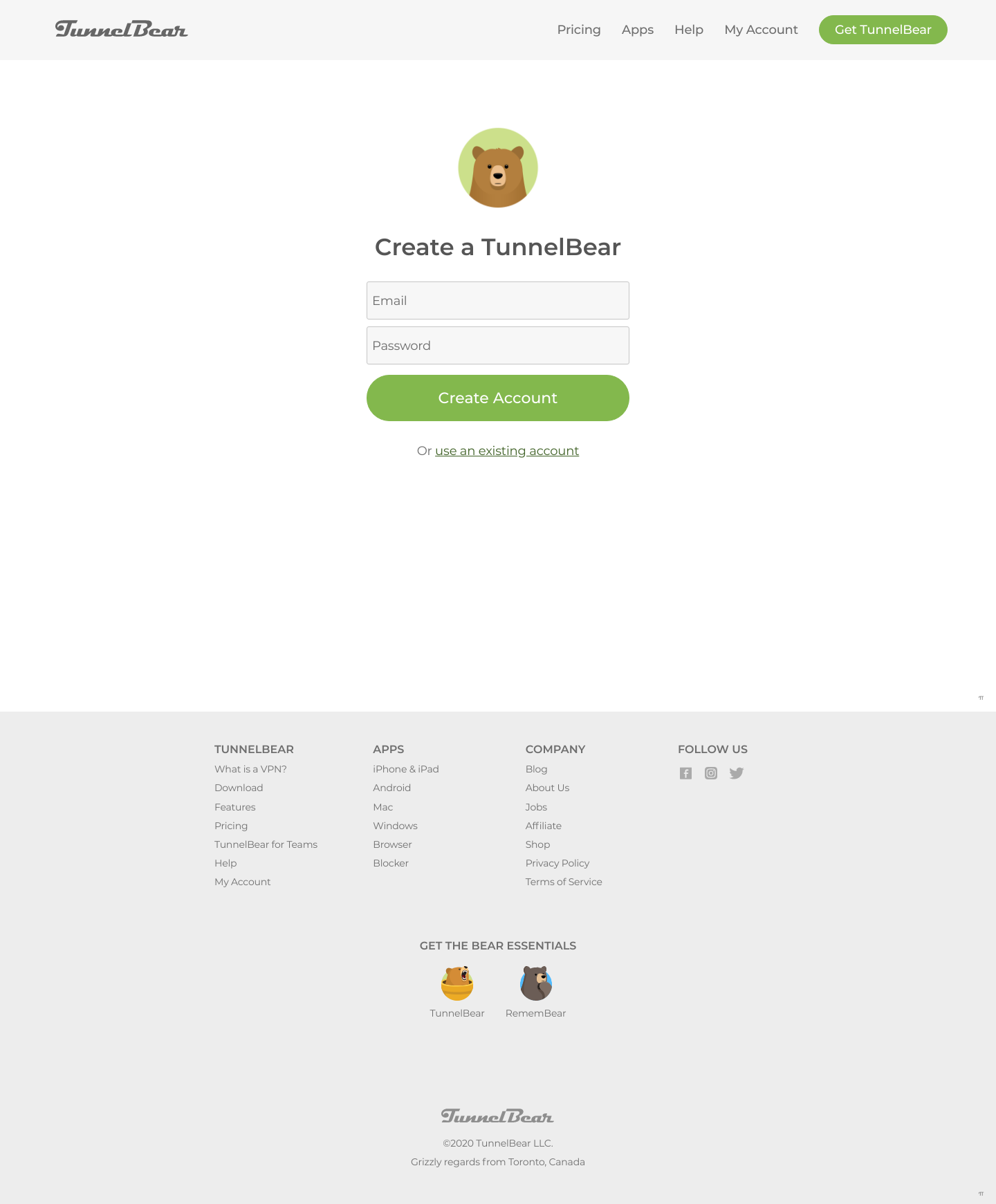 Tunnelbear Signup screenshot