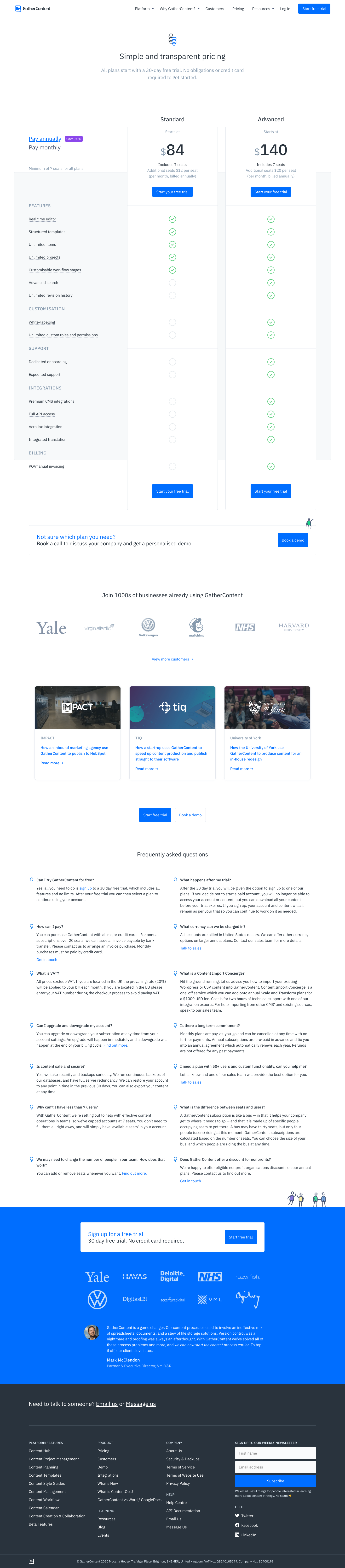 Gathercontent Pricing screenshot