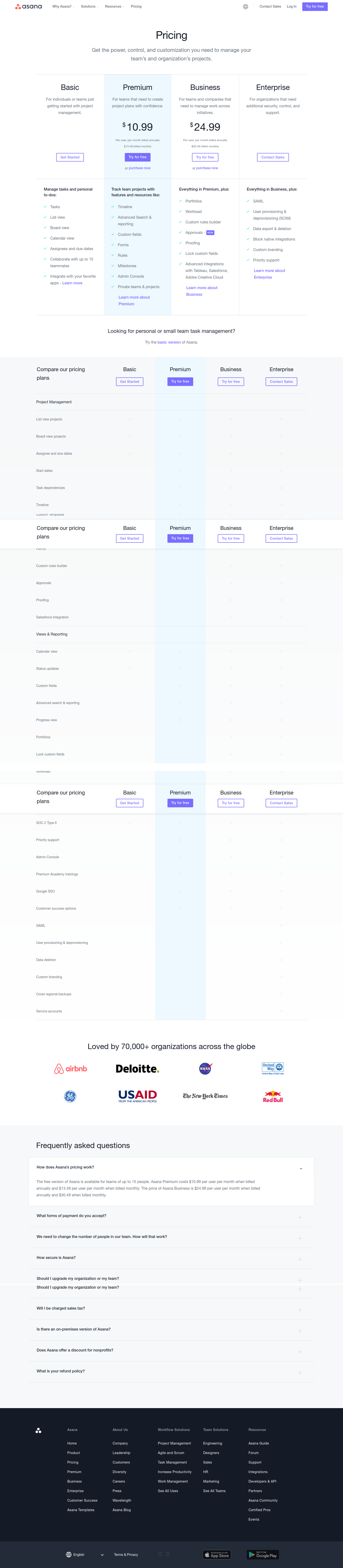 Asana Pricing screenshot