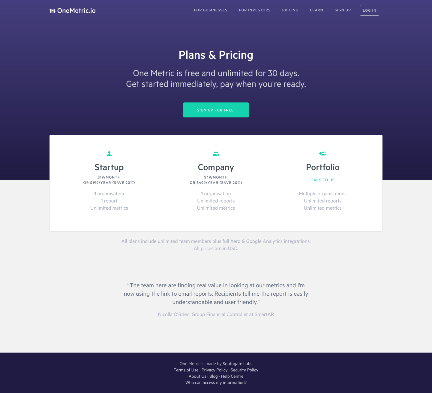 Onemetric Pricing screenshot