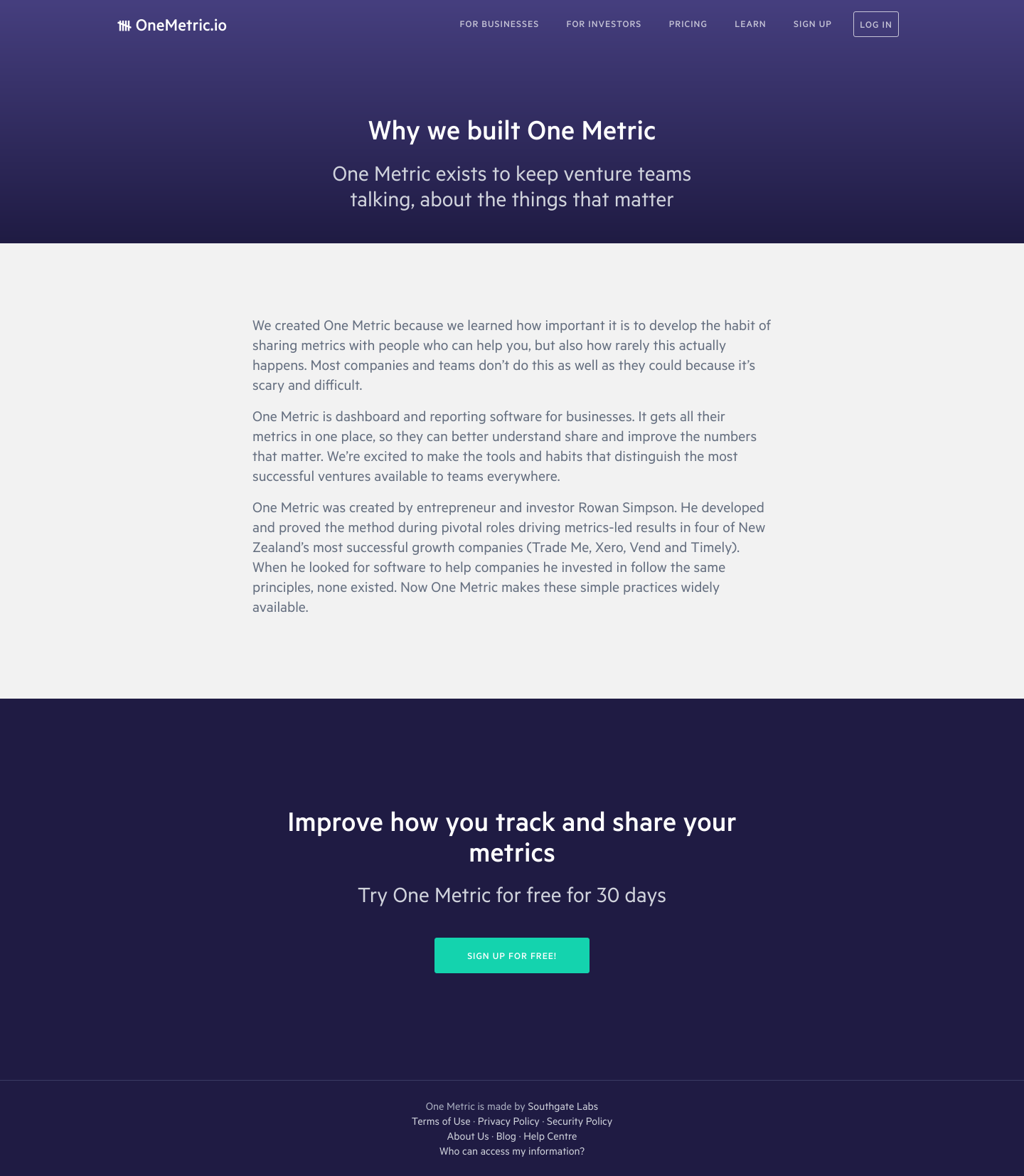 Onemetric About screenshot