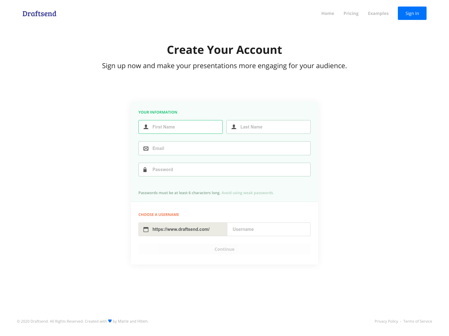 Draftsend Signup screenshot
