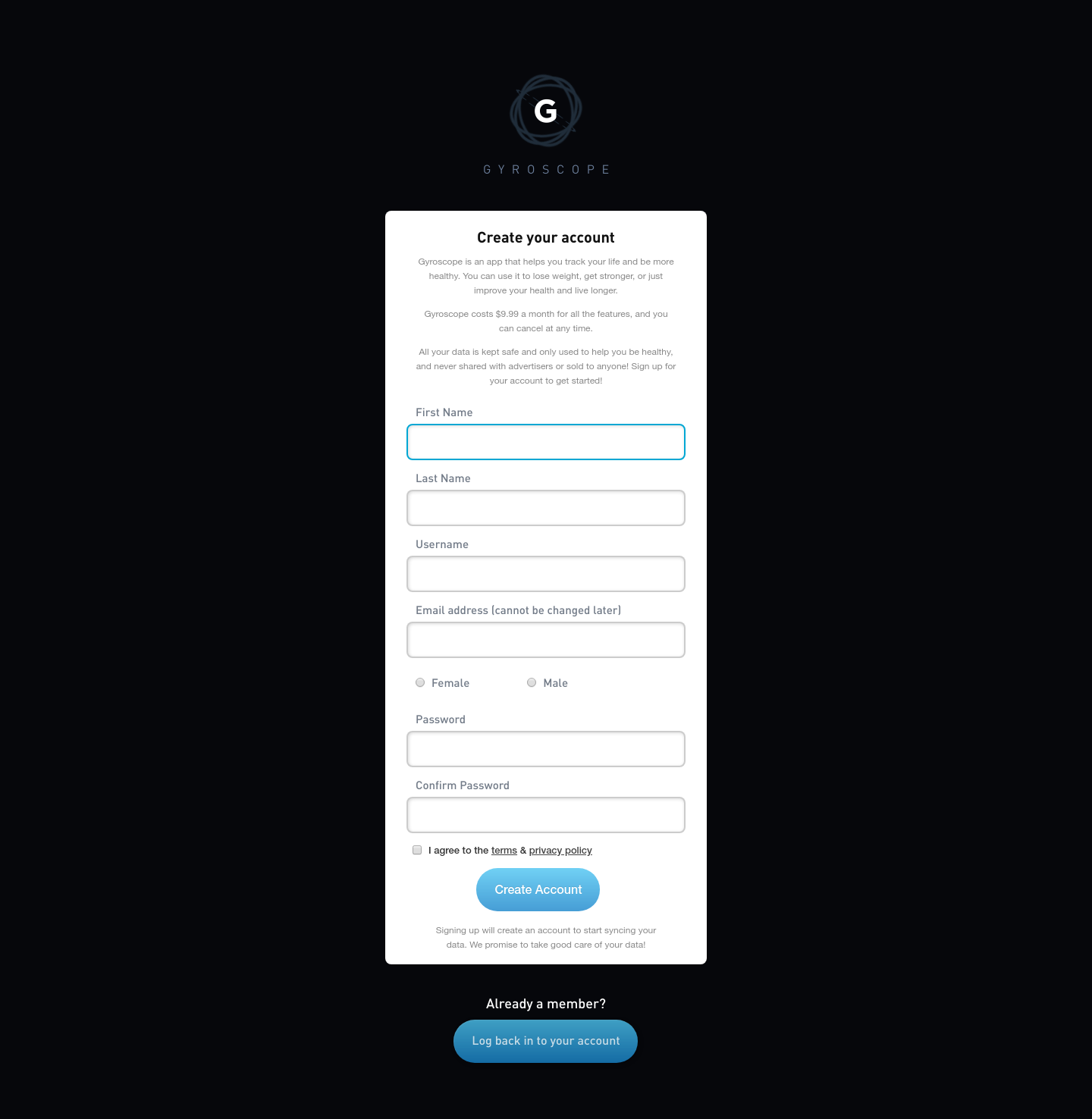 Gyrosco Signup screenshot