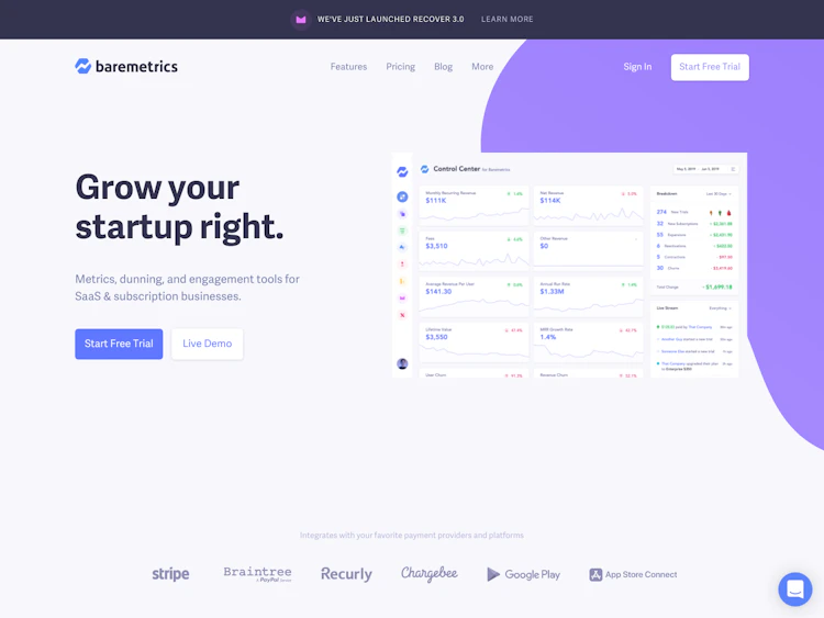 Baremetrics Landing Page screenshot