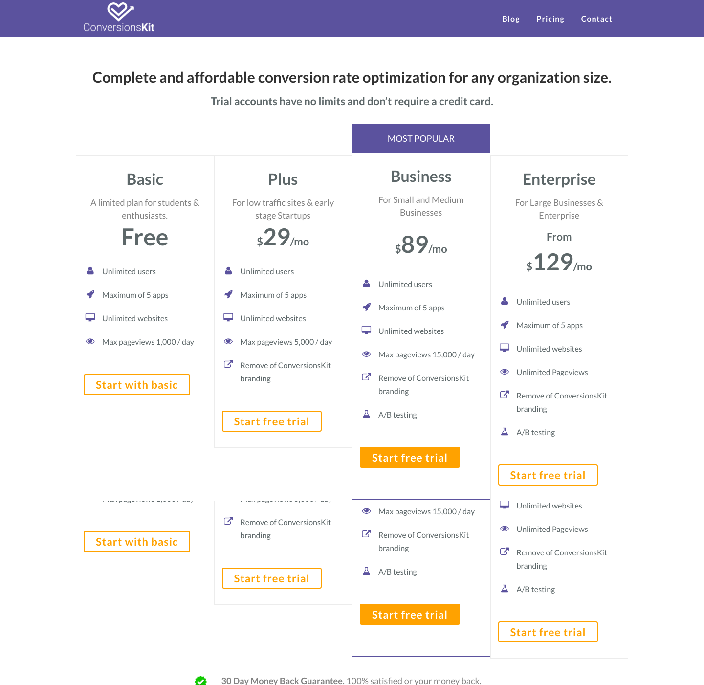Conversionskit Pricing screenshot
