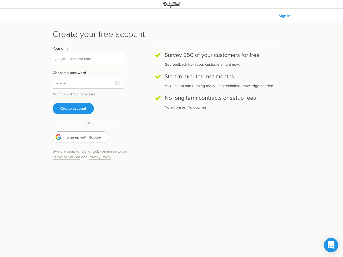 Delighted Signup screenshot