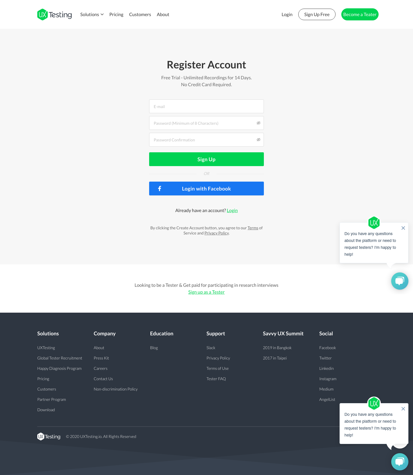Uxtesting Signup screenshot