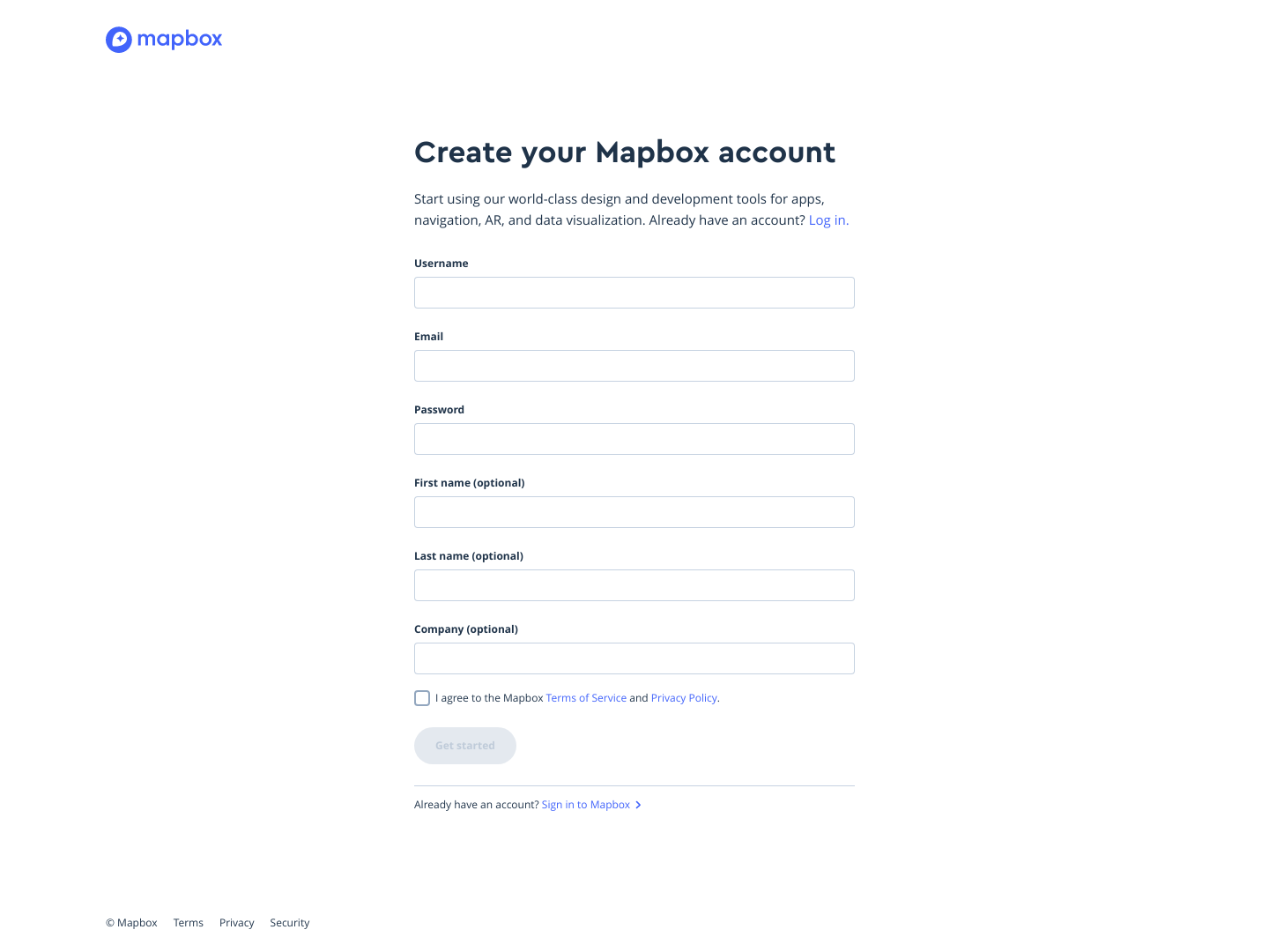 Mapbox Signup screenshot