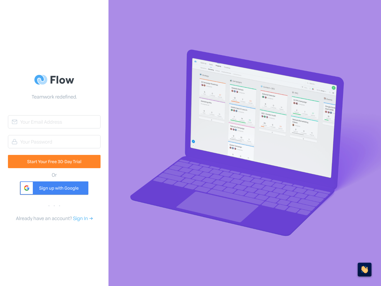 Getflow Signup screenshot