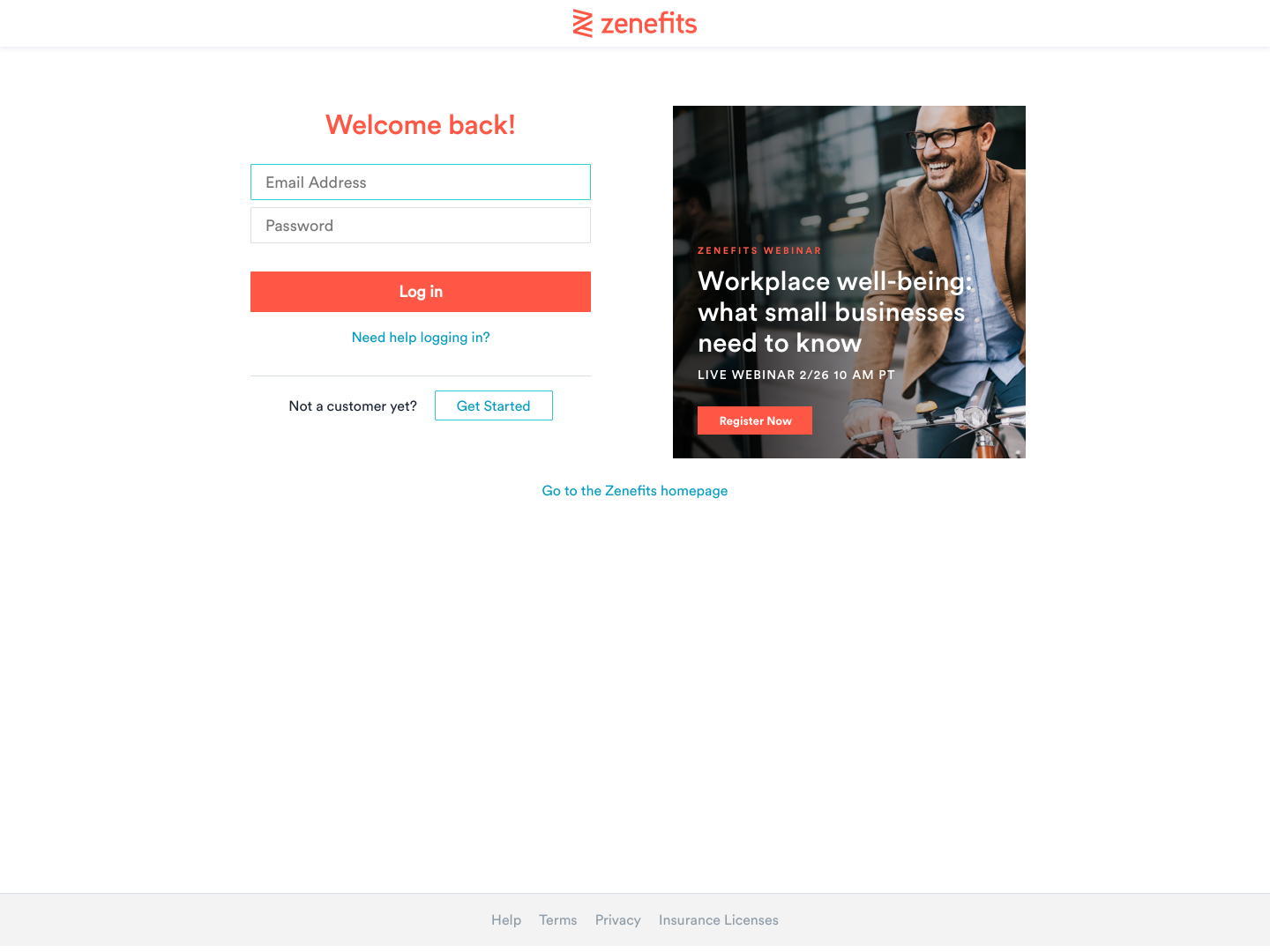 Zenefits Login screenshot