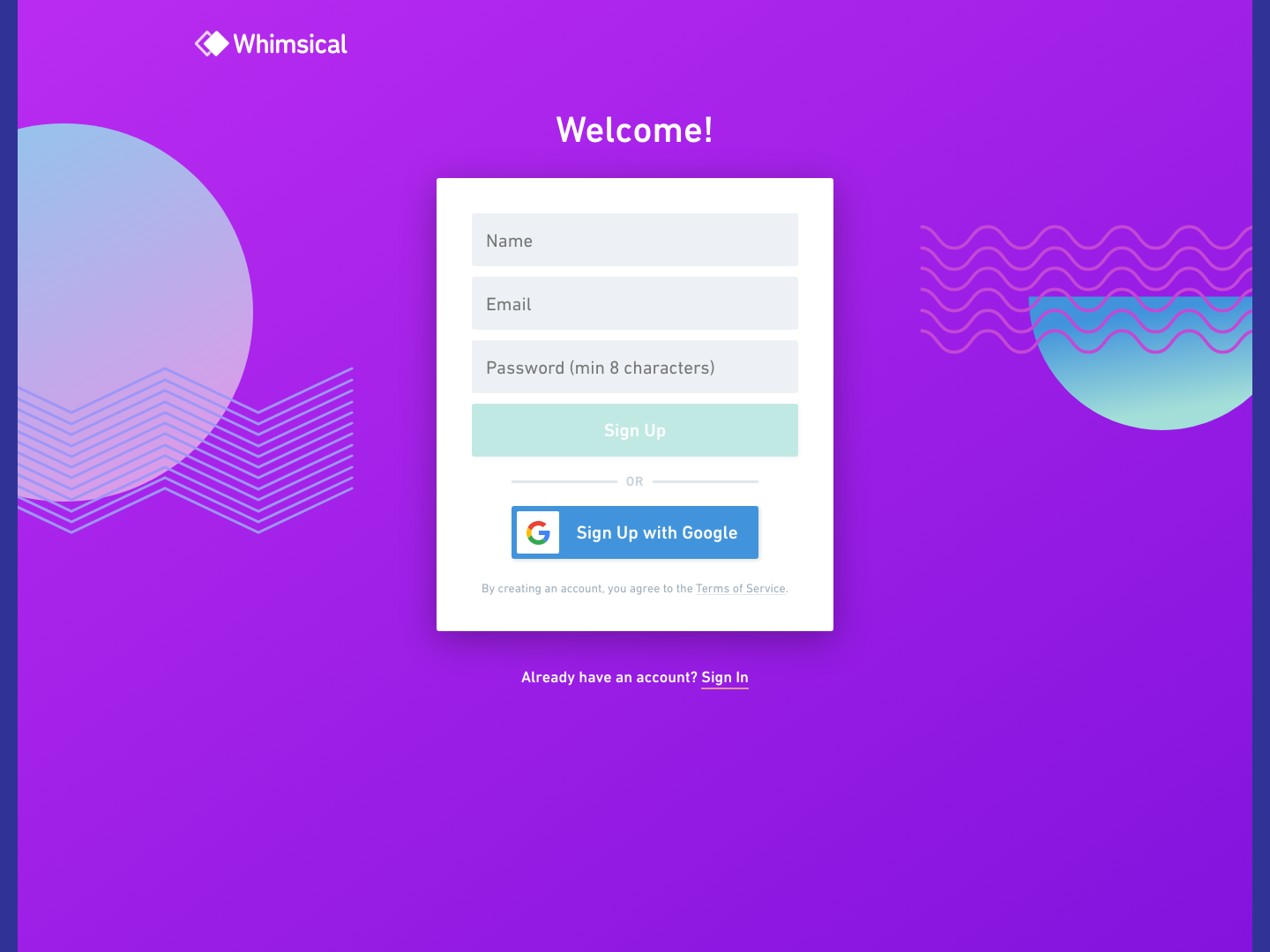 Whimsical Signup screenshot