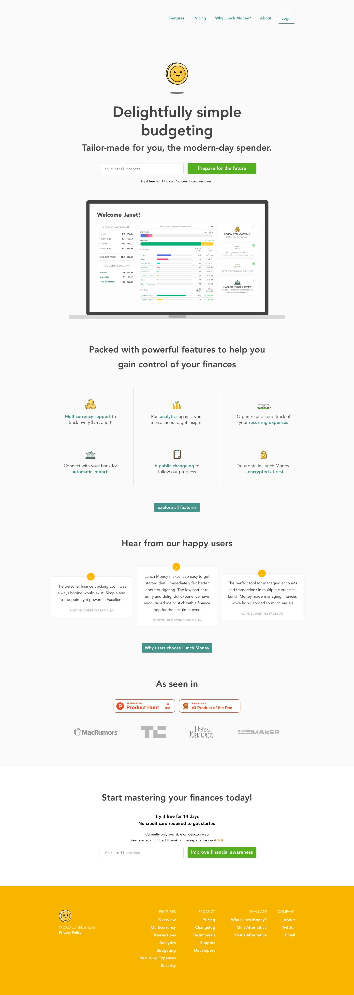 Lunch Money Landing Page screenshot