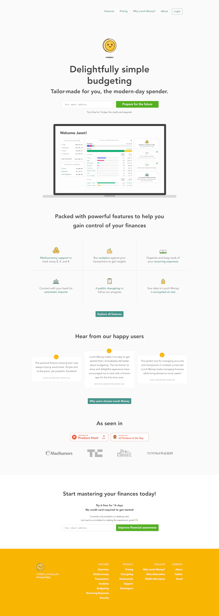 Lunch Money Landing Page screenshot