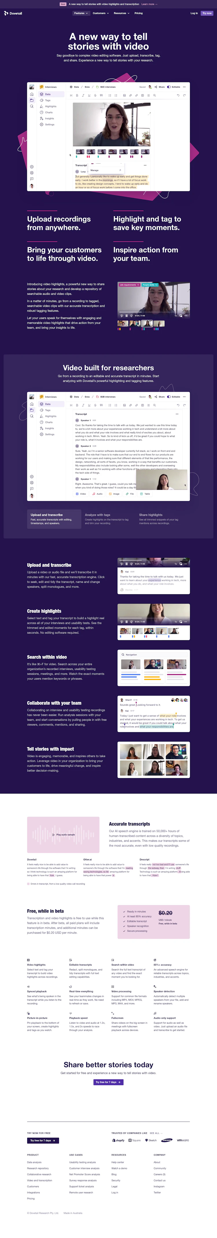 Dovetail Landing Page screenshot