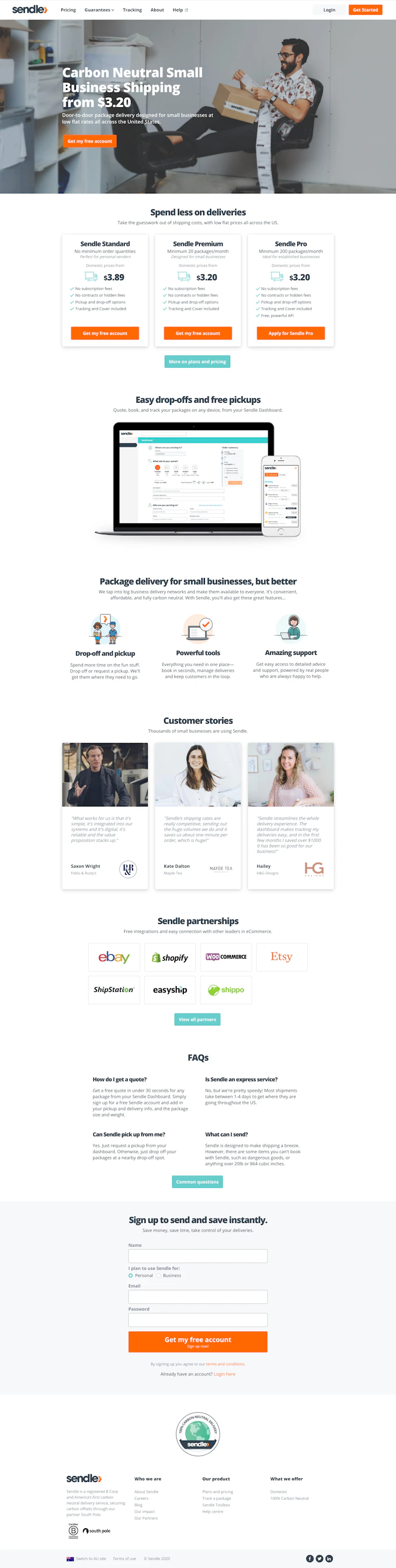 Sendle Landing Page screenshot