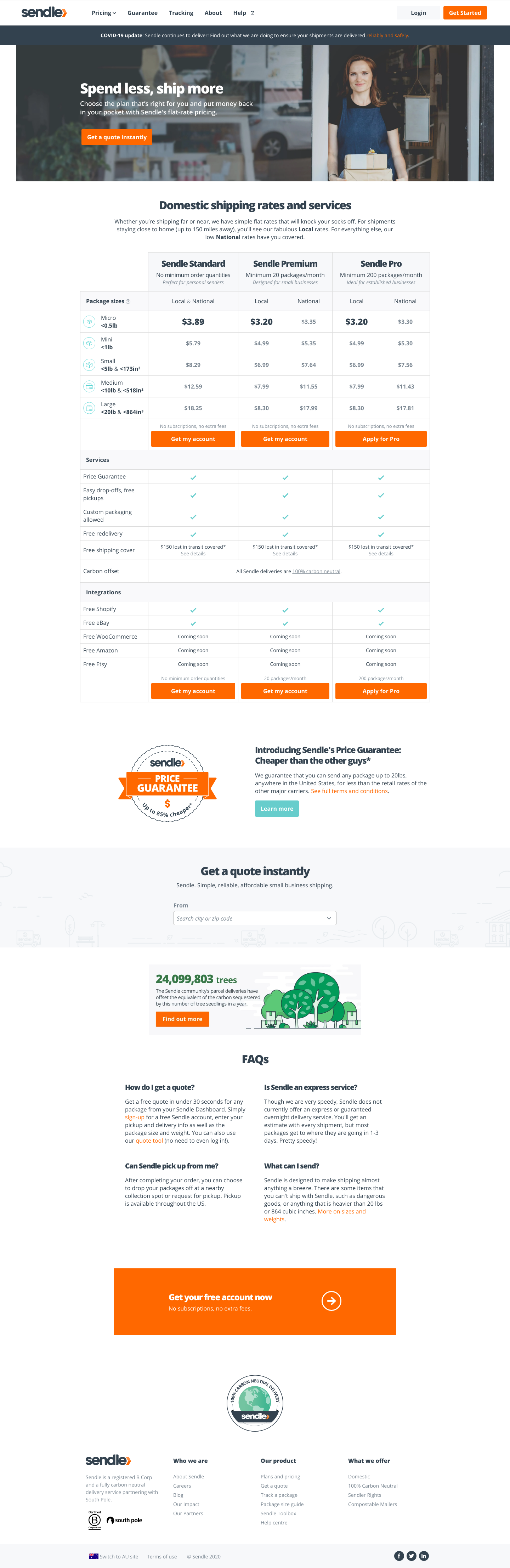 Sendle Pricing screenshot