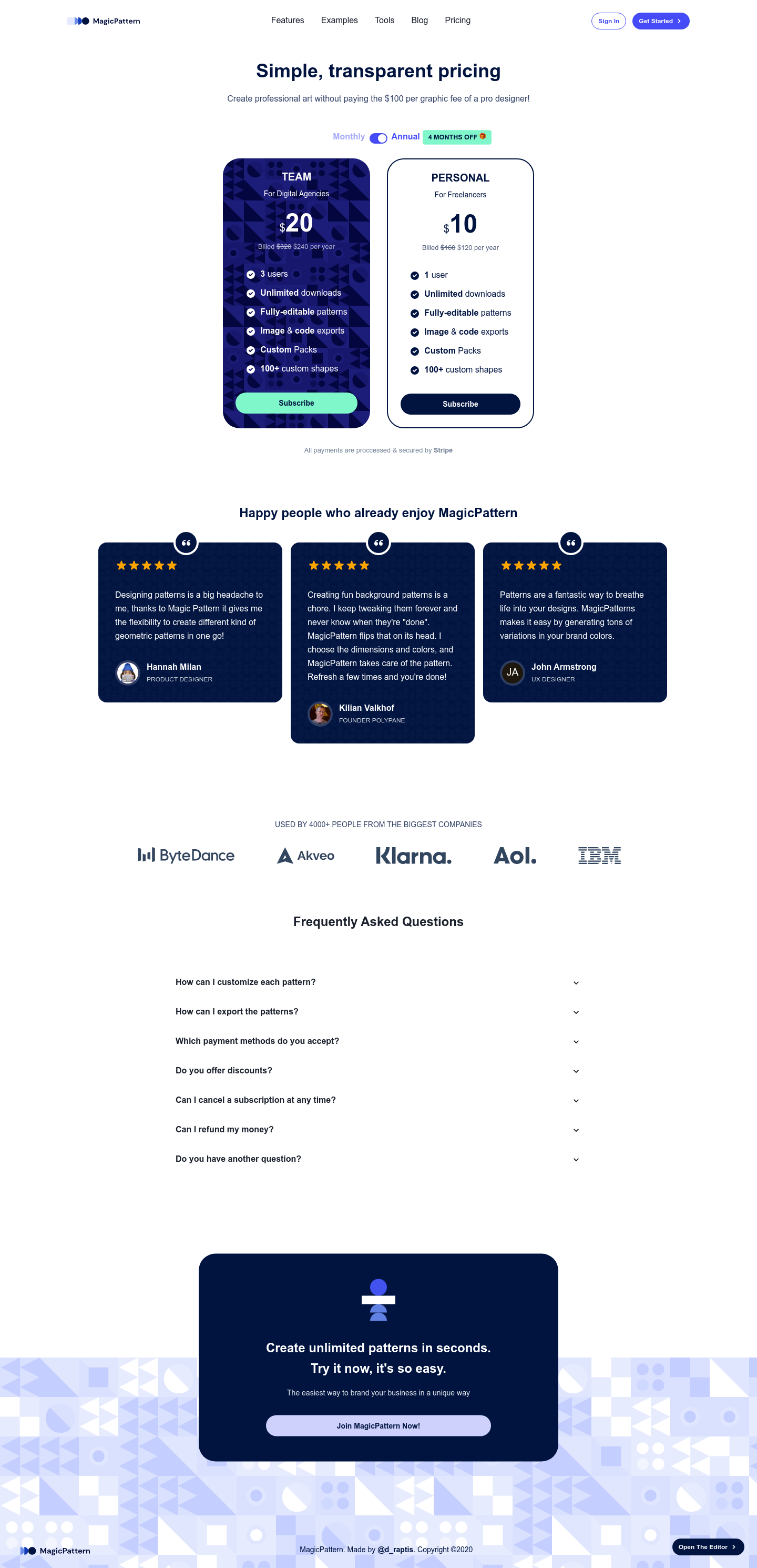 MagicPattern Pricing screenshot