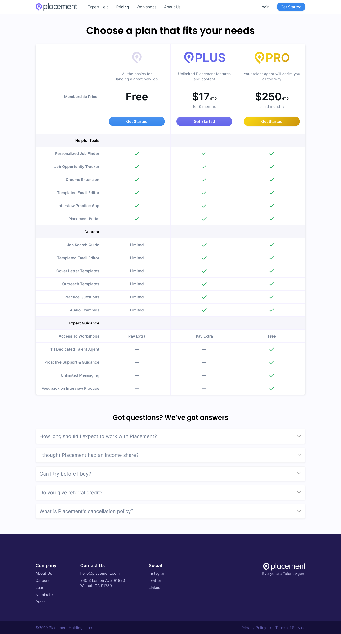 Placement Pricing screenshot