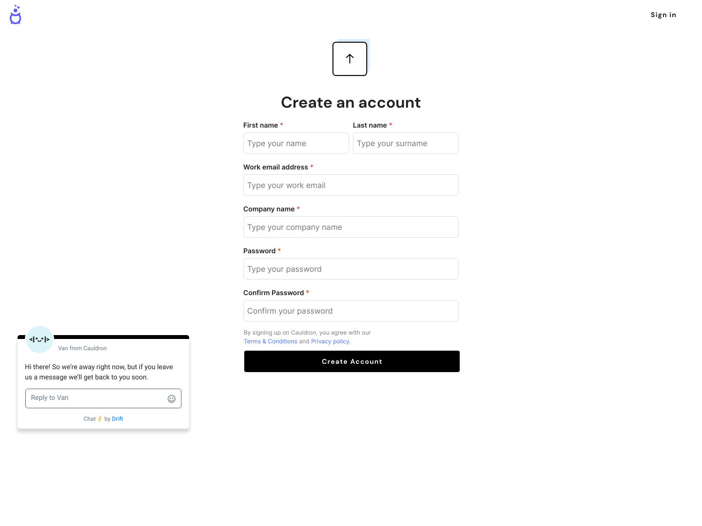 New.cauldron Signup screenshot
