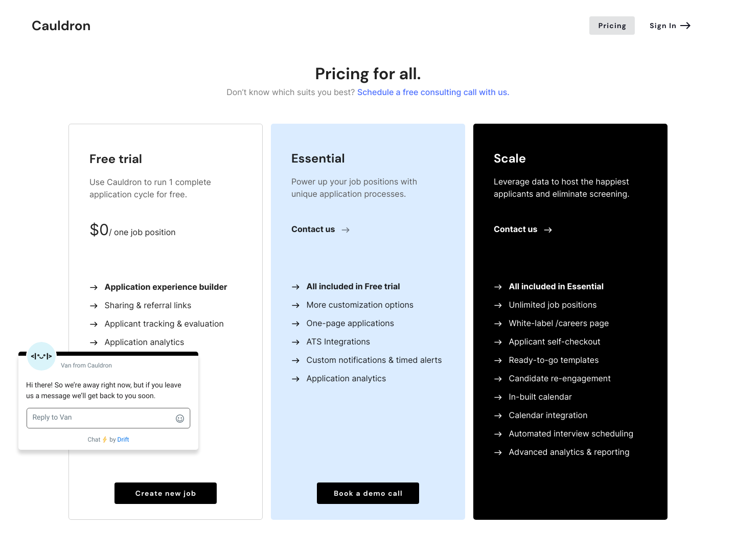 New.cauldron Pricing screenshot