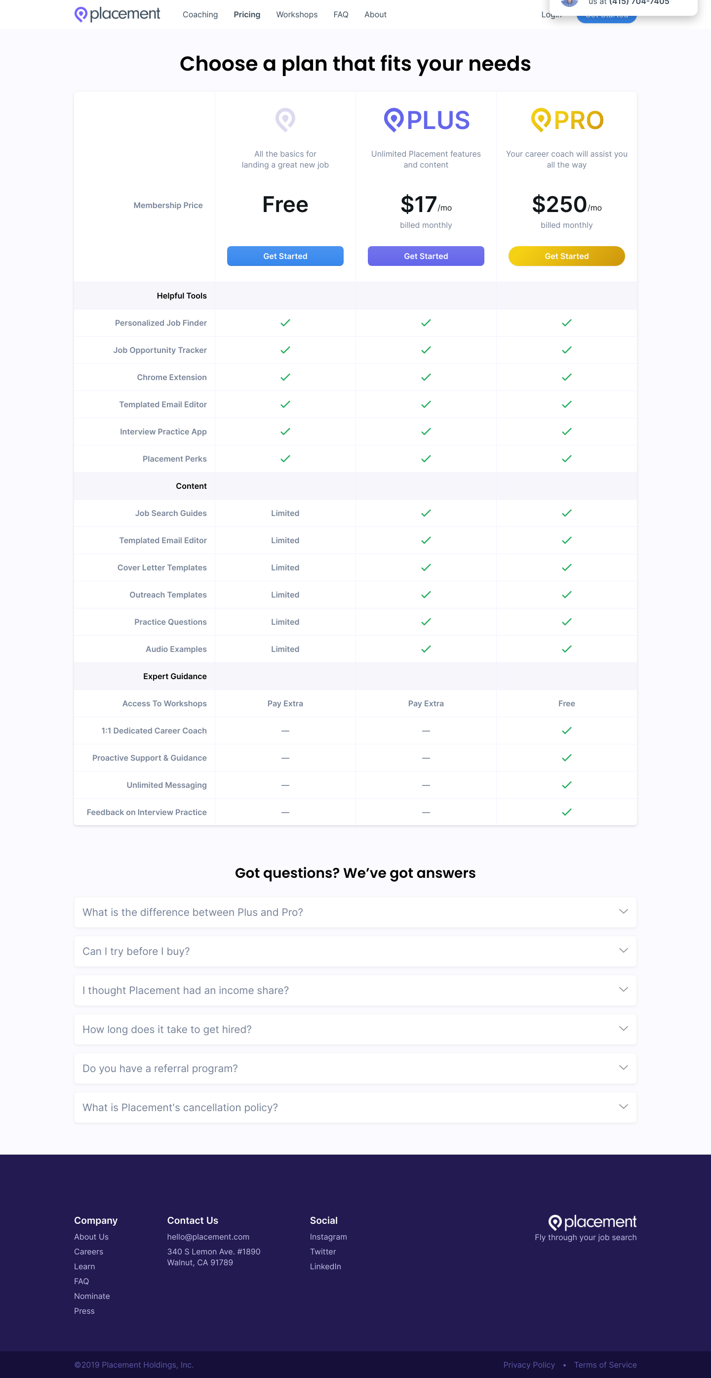 Placement Pricing screenshot