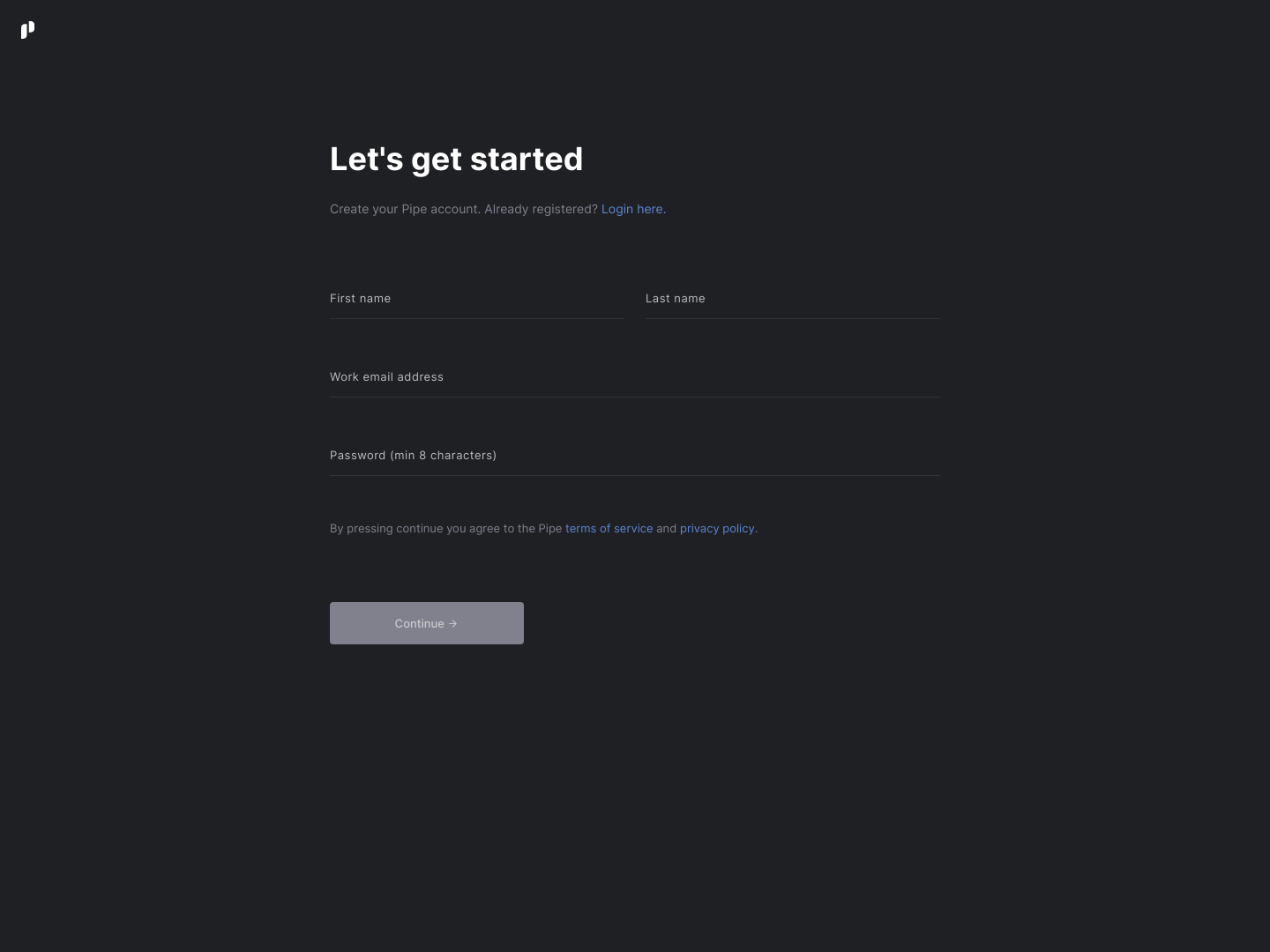 Pipe Signup screenshot