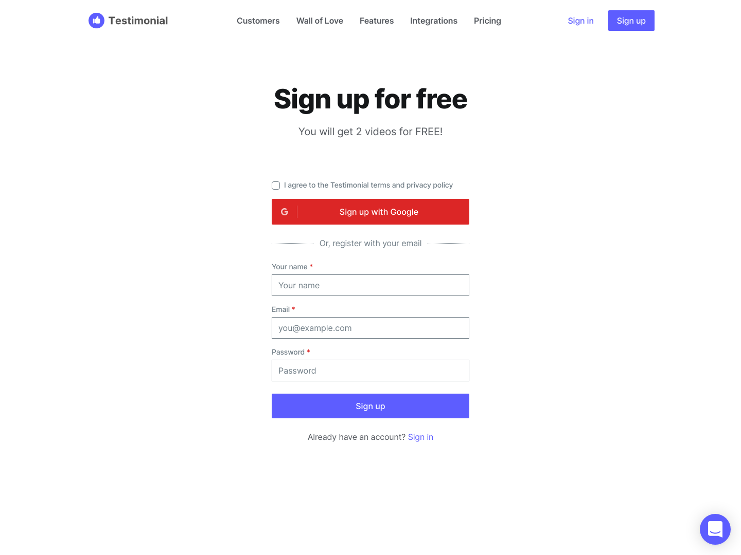 Testimonial Signup screenshot
