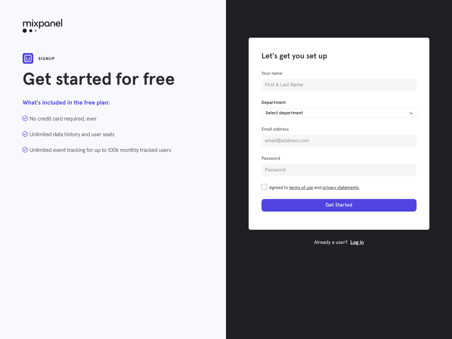 Mixpanel Signup screenshot